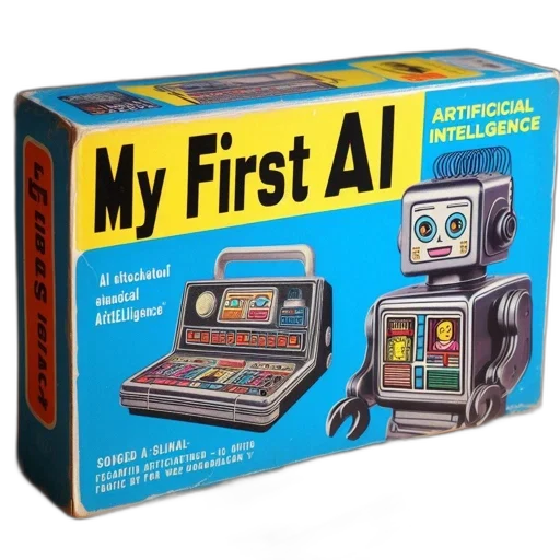 robot, cyberpunk, box, labeled transparent PNG cut-out