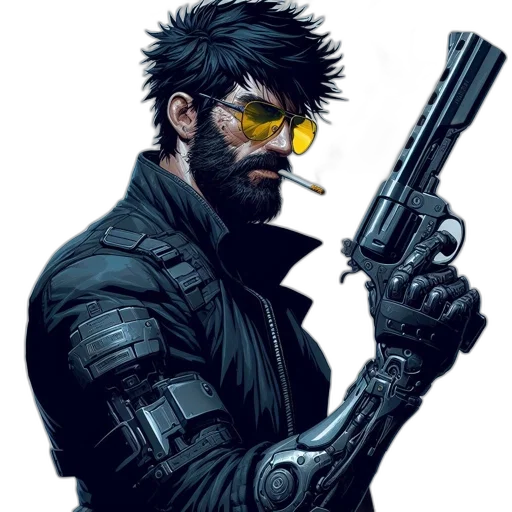 weapon, jacket, comic book art, cyberpunk transparent PNG cut-out