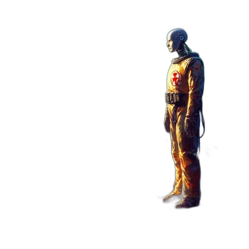 robot, jacket, staff, weapon transparent PNG cut-out