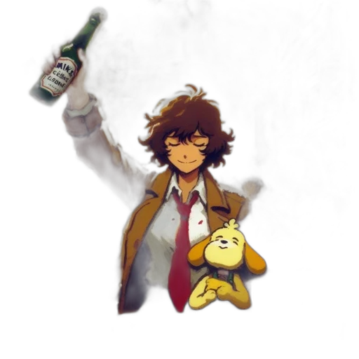 bottle, jacket, staff, creature transparent PNG cut-out