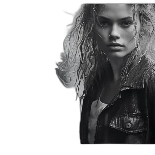 jacket, hair, face, photorealistic transparent PNG cut-out