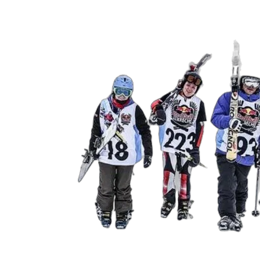 four, skiers, wearing, numbered transparent PNG cut-out