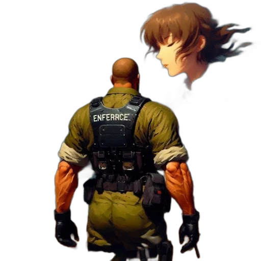 weapon, jacket, staff, face transparent PNG cut-out