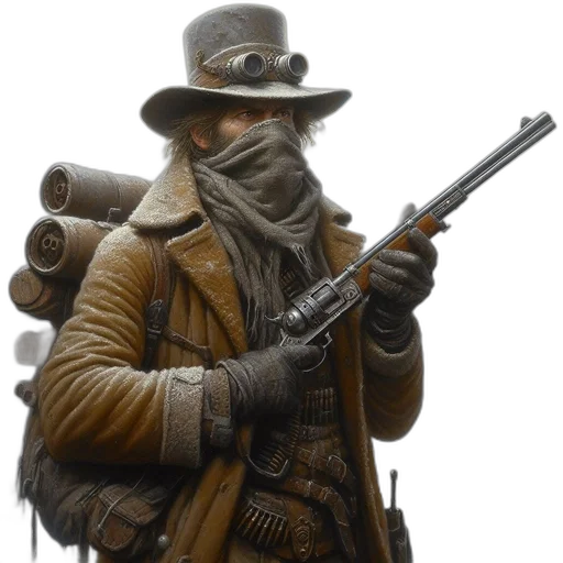 weapon, hat, staff, jacket transparent PNG cut-out