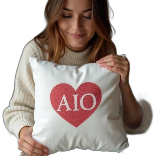 woman, holding, pillow, letters transparent PNG cut-out