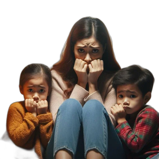 mask, woman, two, children transparent PNG cut-out