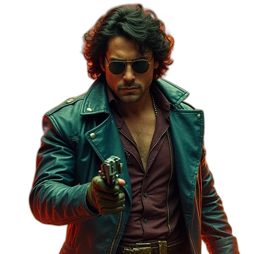 jacket, weapon, comic book art, photorealistic transparent PNG cut-out