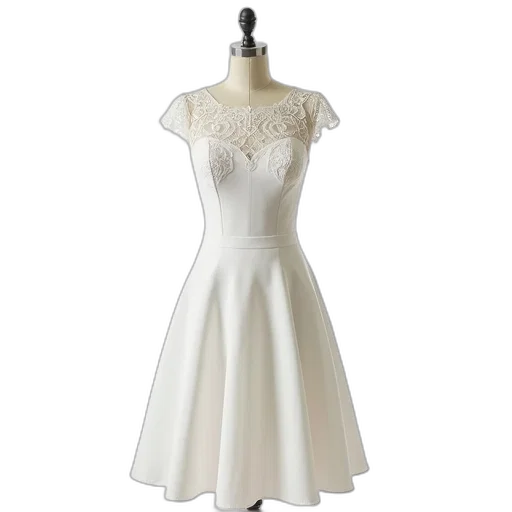 dress, white, lace-trimmed, fitted transparent PNG cut-out