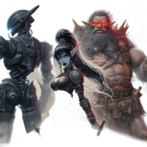 concept art, fantasy art, comic book art, three transparent PNG cut-out