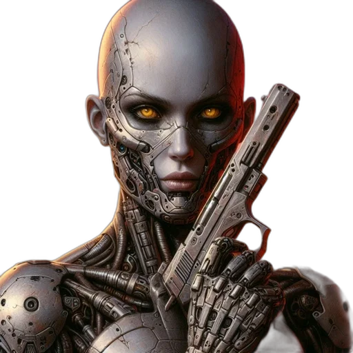 robot, weapon, face, cyberpunk transparent PNG cut-out