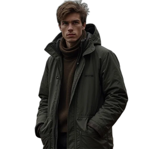 jacket, staff, face, photorealistic transparent PNG cut-out