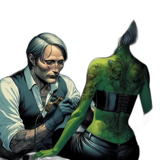 comic book art, concept art, green, inside transparent PNG cut-out