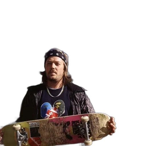 man, bandana, holds, skateboard transparent PNG cut-out