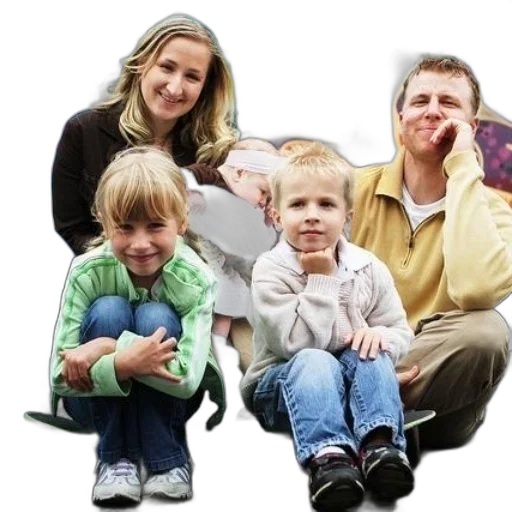 family, five, sits, skateboard transparent PNG cut-out