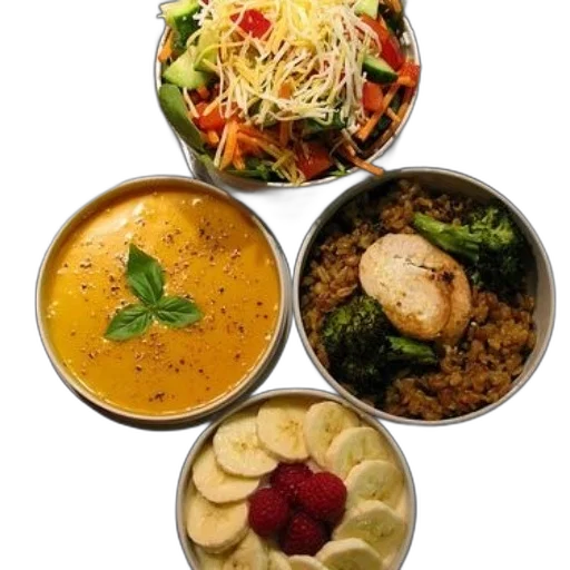food, photorealistic, variety, bowls transparent PNG cut-out