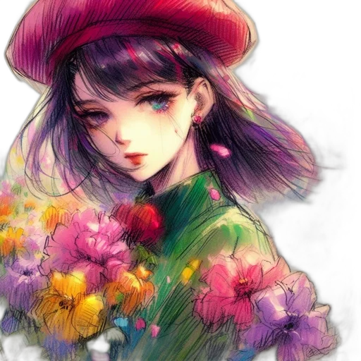 flower, hat, face, dress transparent PNG cut-out