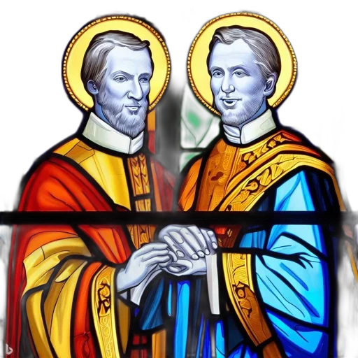 staff, two, saintly, figures transparent PNG cut-out