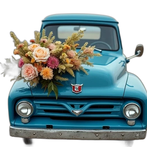 car, flower, photorealistic, blue transparent PNG cut-out