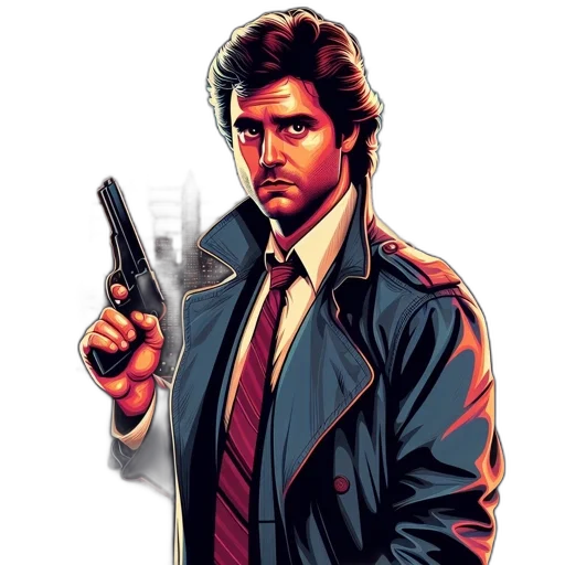 jacket, weapon, comic book art, pixel art transparent PNG cut-out