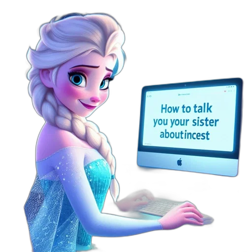 3d render, elsa, sits, desk transparent PNG cut-out