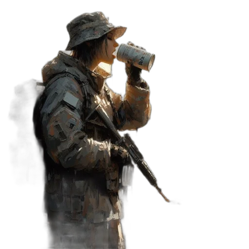 weapon, jacket, staff, face transparent PNG cut-out