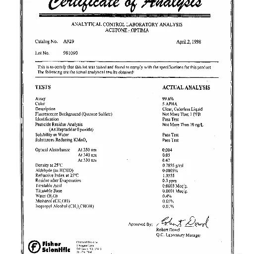 certificate, analysis, acetone, fisher transparent PNG cut-out