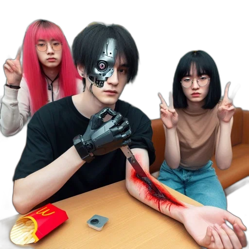cyberpunk, photorealistic, anime, three transparent PNG cut-out