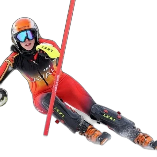 skier, vibrant, red, orange transparent PNG cut-out