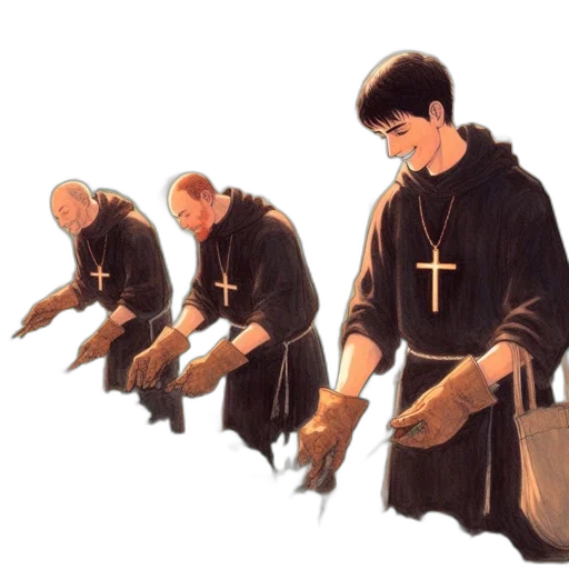 staff, concept art, three, monks transparent PNG cut-out