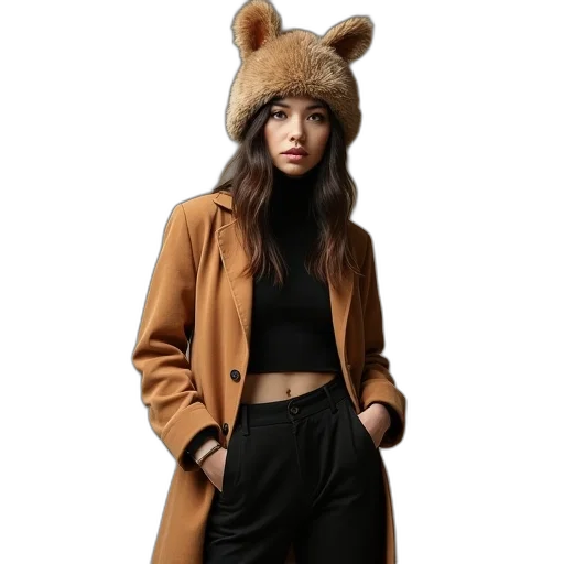 hat, jacket, staff, earth tones transparent PNG cut-out