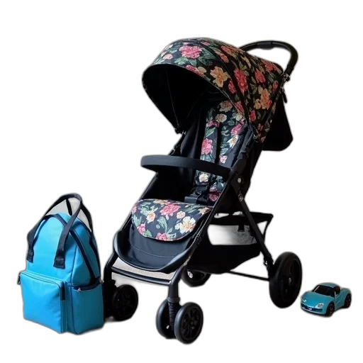 floral-patterned, stroller, placed, carpeted transparent PNG cut-out