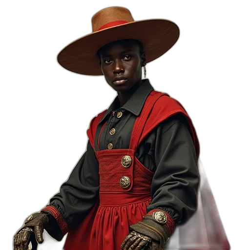 hat, jacket, staff, weapon transparent PNG cut-out