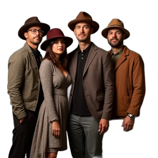 hat, jacket, staff, earth tones transparent PNG cut-out