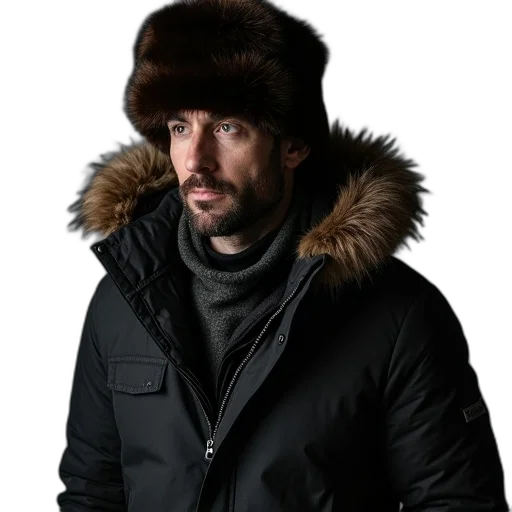 jacket, hat, staff, photorealistic transparent PNG cut-out