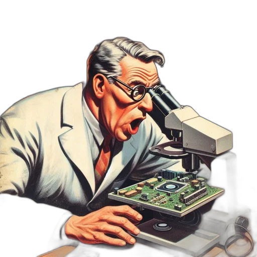 robot, scientist, focused, behind transparent PNG cut-out