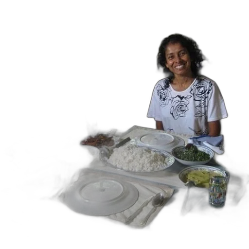 food, woman, sits, table transparent PNG cut-out