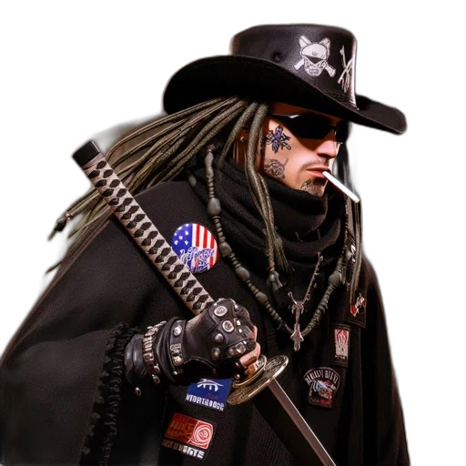 weapon, hat, jacket, staff transparent PNG cut-out