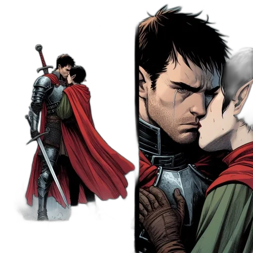 comic book art, concept art, red, two-panel transparent PNG cut-out