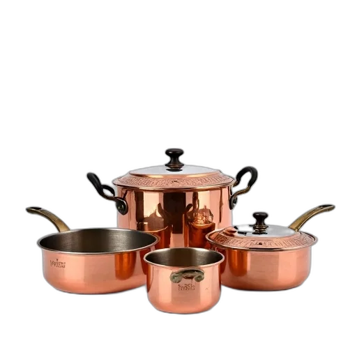 collection, copper, pots, pans transparent PNG cut-out