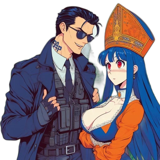weapon, jacket, staff, hat transparent PNG cut-out