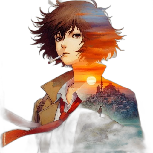 jacket, face, staff, sword transparent PNG cut-out