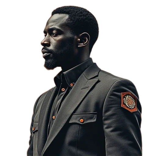 jacket, face, staff, photorealistic transparent PNG cut-out