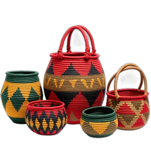 collection, colorful, woven, baskets transparent PNG cut-out