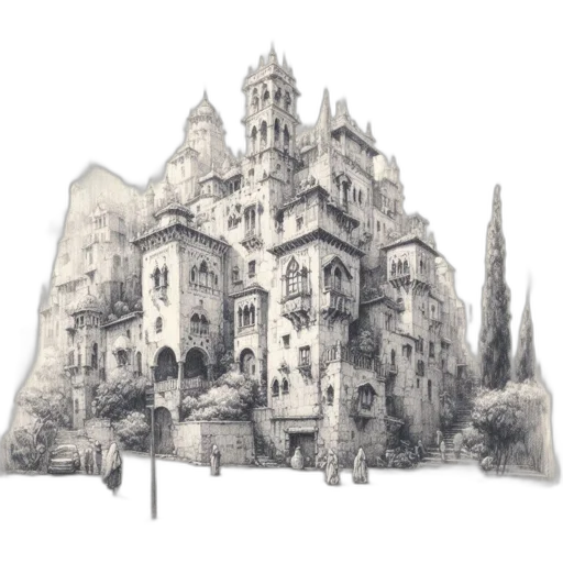 building, concept art, pencil sketch, photorealistic transparent PNG cut-out