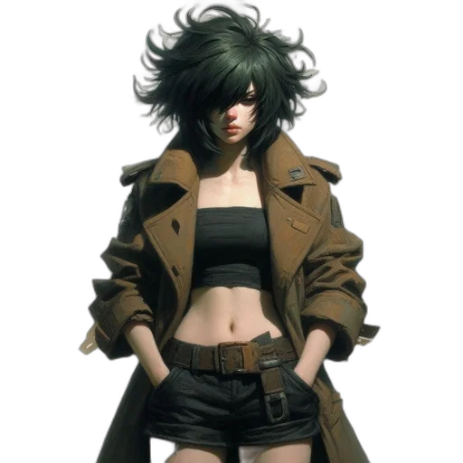 jacket, dress, hair, weapon transparent PNG cut-out