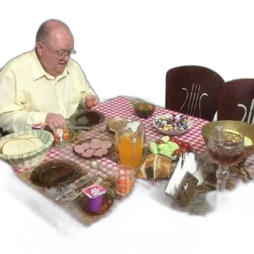 food, older, man, sits transparent PNG cut-out