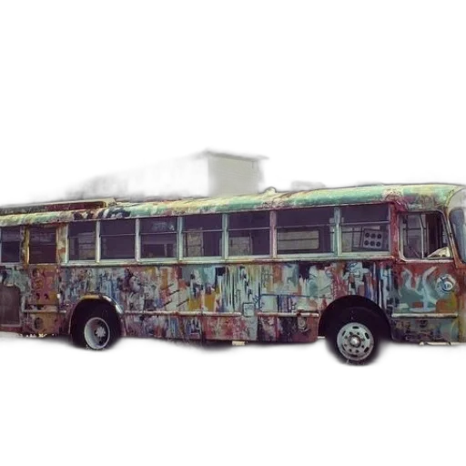 car, graffiti-covered, bus, sits transparent PNG cut-out