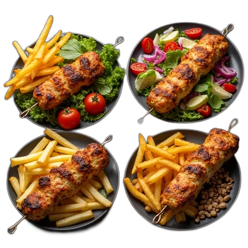 food, 3d render, photorealistic, four transparent PNG cut-out