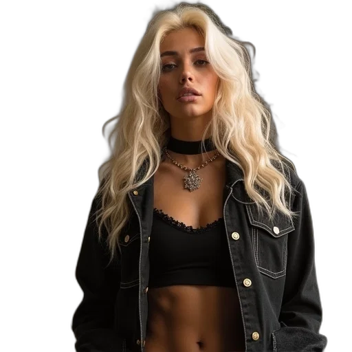 jacket, jewelry, hair, photorealistic transparent PNG cut-out