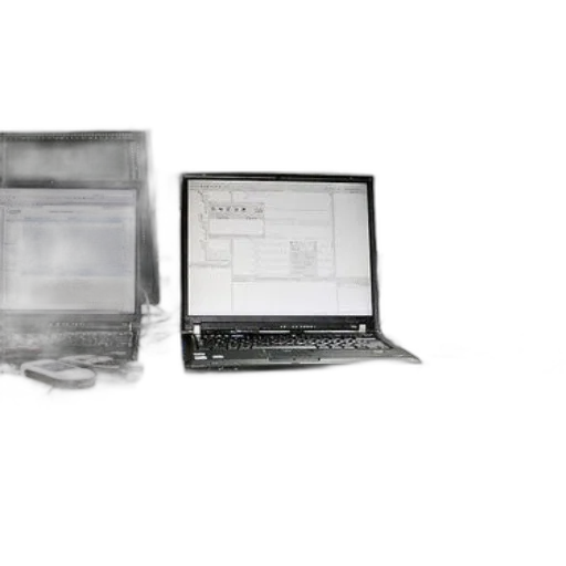 3d render, workspace, three, laptops transparent PNG cut-out